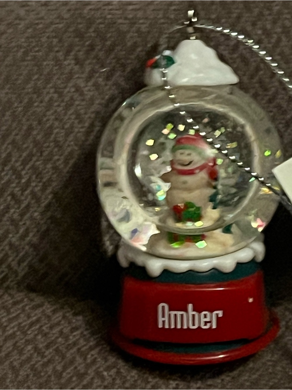 Personalized Amber Red Snow Globe Ornament with Snowman